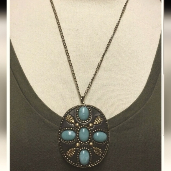 Antique Bohemian Pendant with Blue Beads Gold Tone Accents and Chain Necklace - Picture 4 of 4